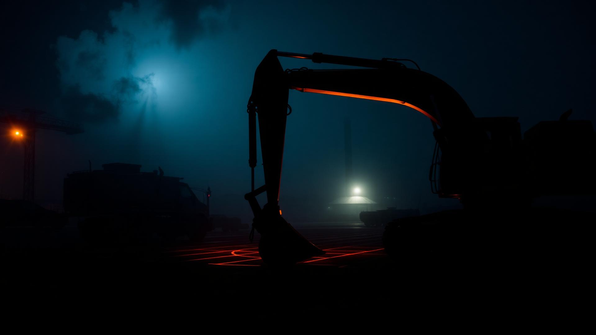 Excavator with utility markings at night