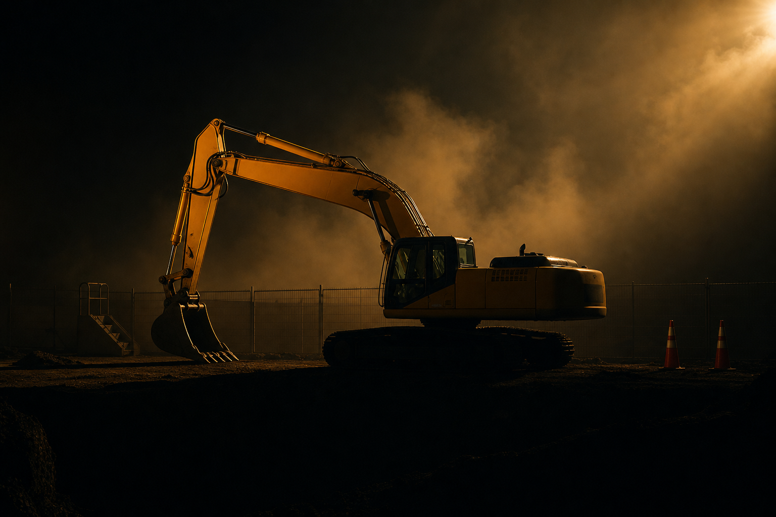 Excavator on construction site at golden hour